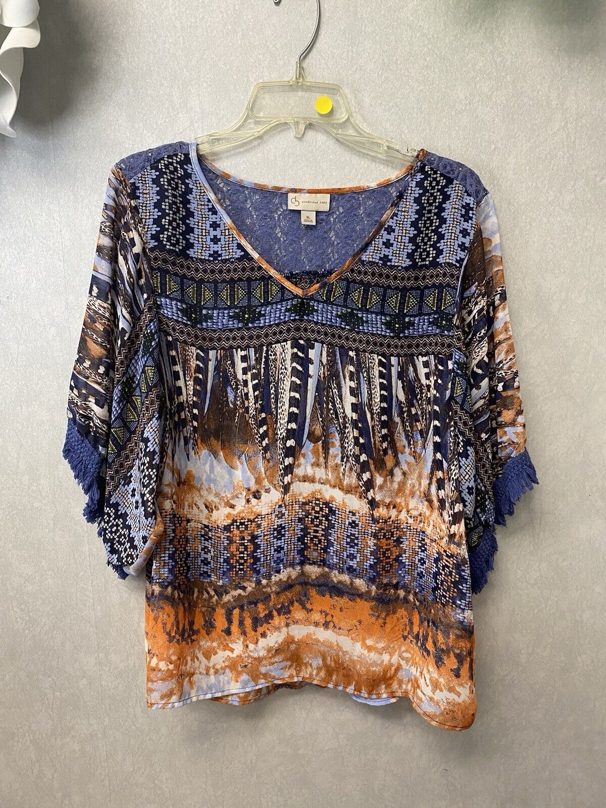 CB Established 1962 Women Size XL Sheer Chiffon Aztec Blue Tunic Top Blouse