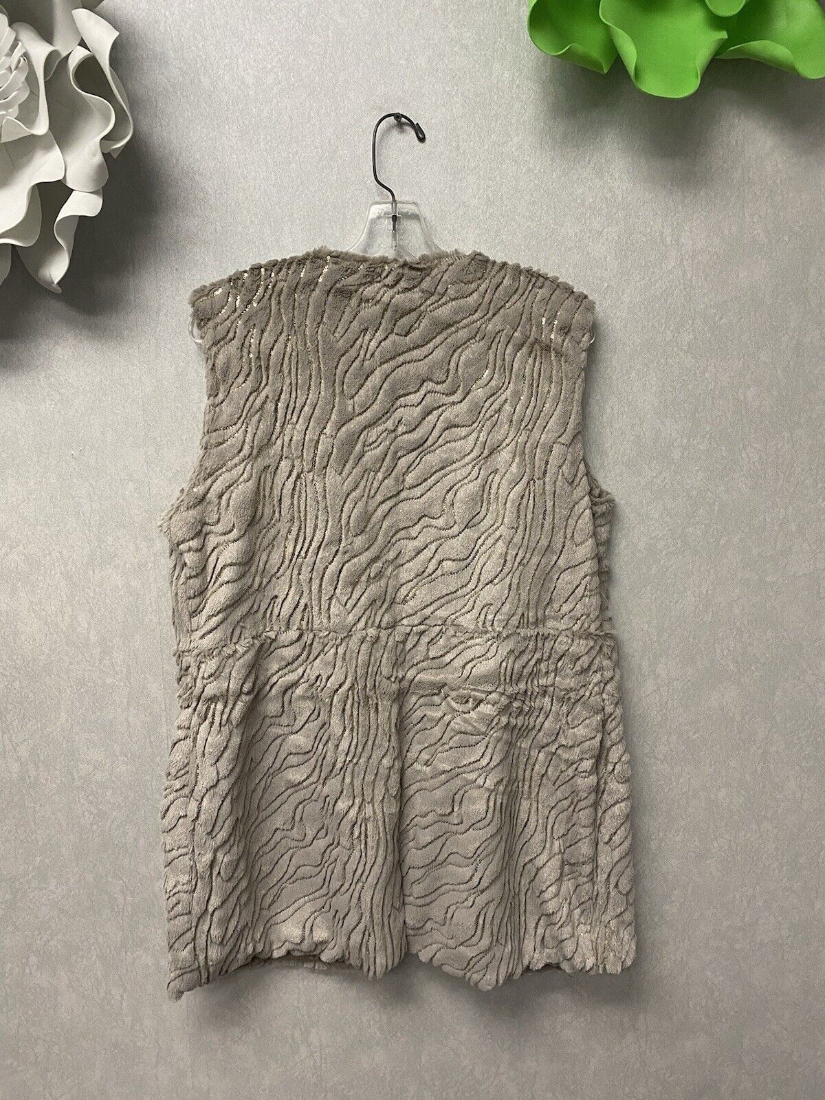 Mushka Sienna Rose Grey Faux Rabbit Fur Gold Sequin Long Vest Furrier Hooks Sz M