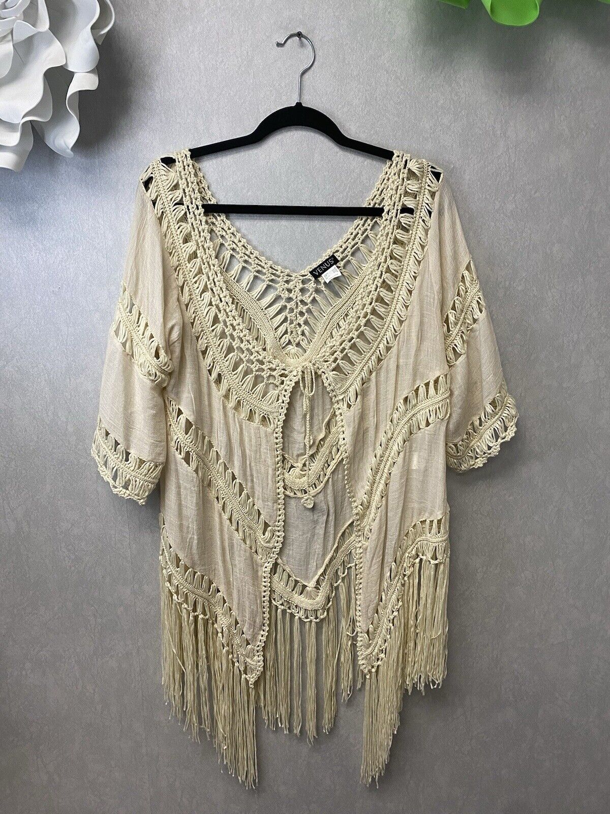 Venus CROCHET BEIGE FRINGE KIMONO BEACH COVERUP Size Med