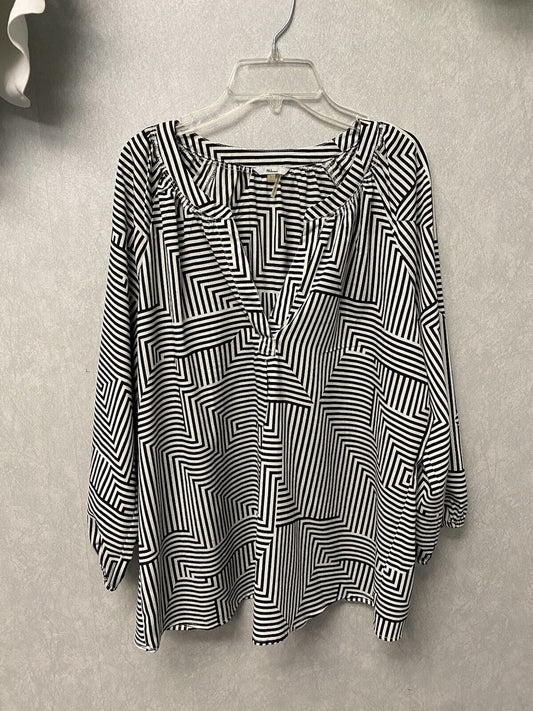 Milano Womens Tunic Blouse Black White Striped V Neck Pleated 3/4 Sleeves Size L