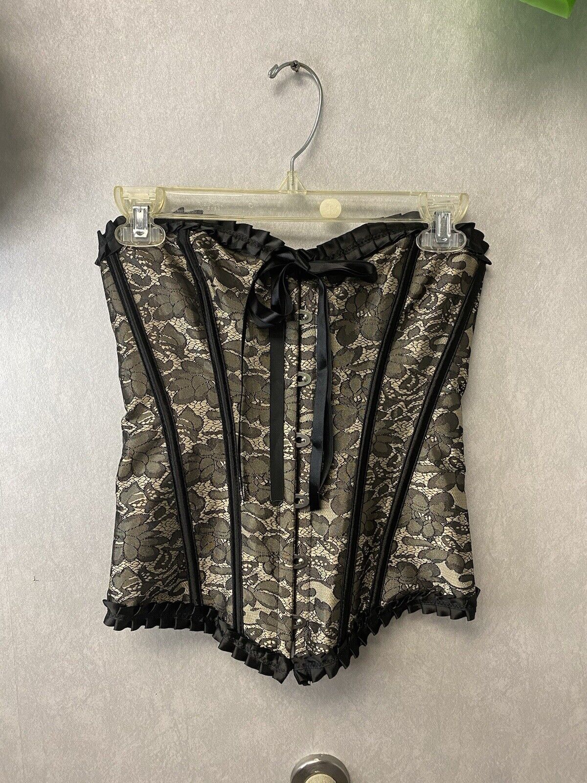 Gold/Black Overbust Corset Lace Black Trim Boudoir Size Med