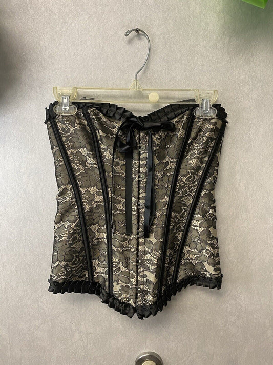 Gold/Black Overbust Corset Lace Black Trim Boudoir Size Med