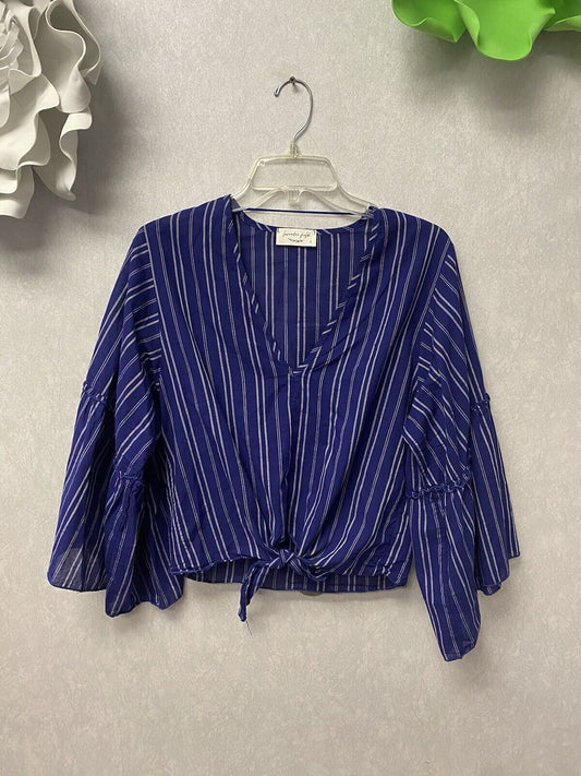 Lavender Field Blouse Blue Striped V-Neck Bell Sleeve Cropped Boho Size Small